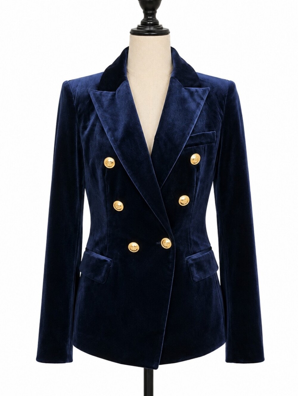 Tailored Navy Velvet Double-Breasted Blazer with Gold Buttons